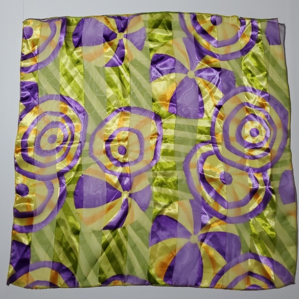 Vintage Scarf RETRO PURPLE & YELLOW GREEN MOD Silk Like MAX INT. 20" SQUARE